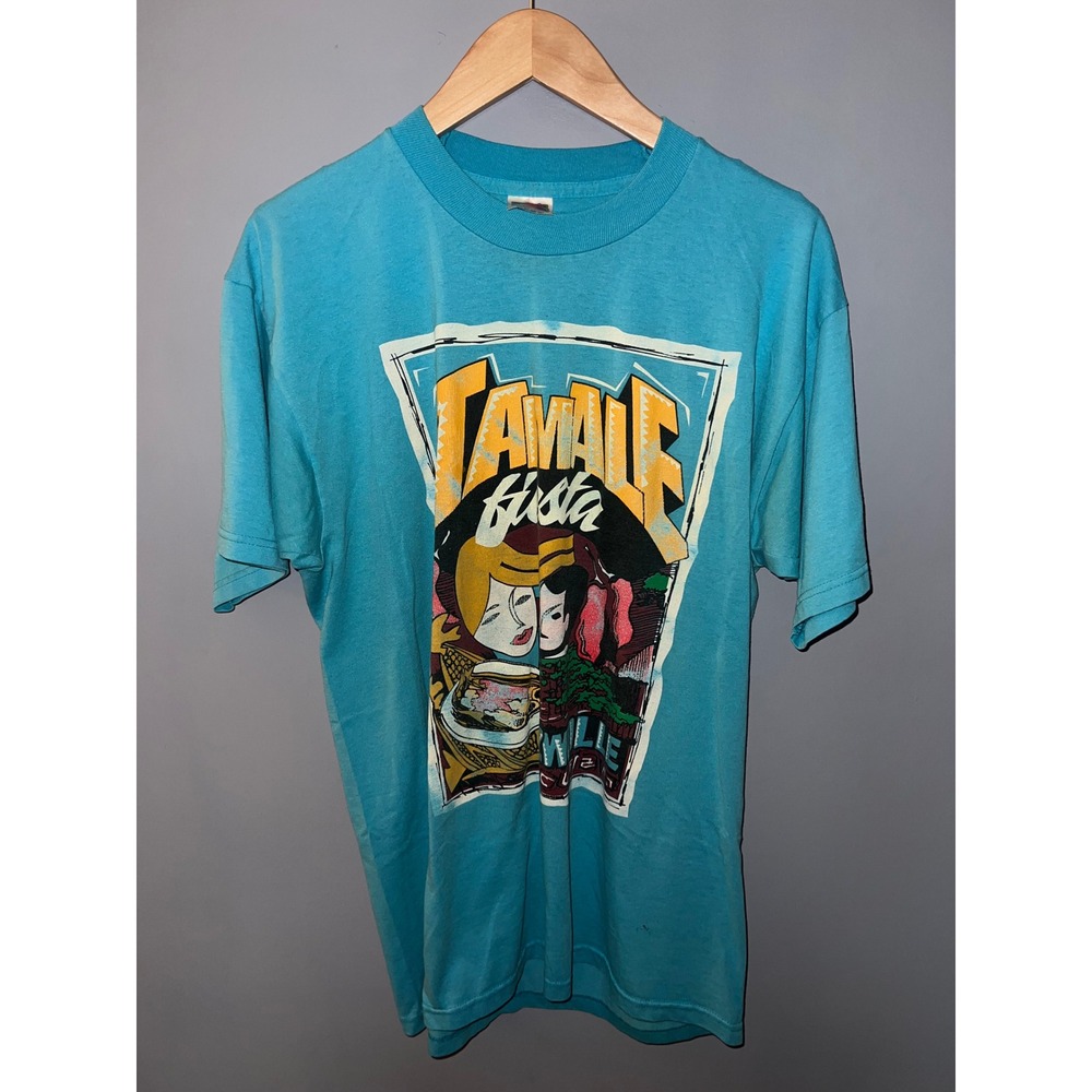Vintage 90s Zwolle Louisiana Tamale Fiesta T-Shirt Blue Fruit of the‎ Loom L
